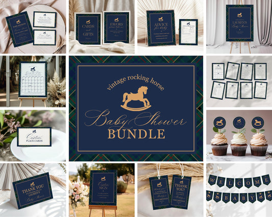 Classic Rocking Horse Baby Shower Bundle Printable Template, Blue Tartan Plaid Baby Sprinkle, Old Money Style Brunch with Mom to Be WP1087