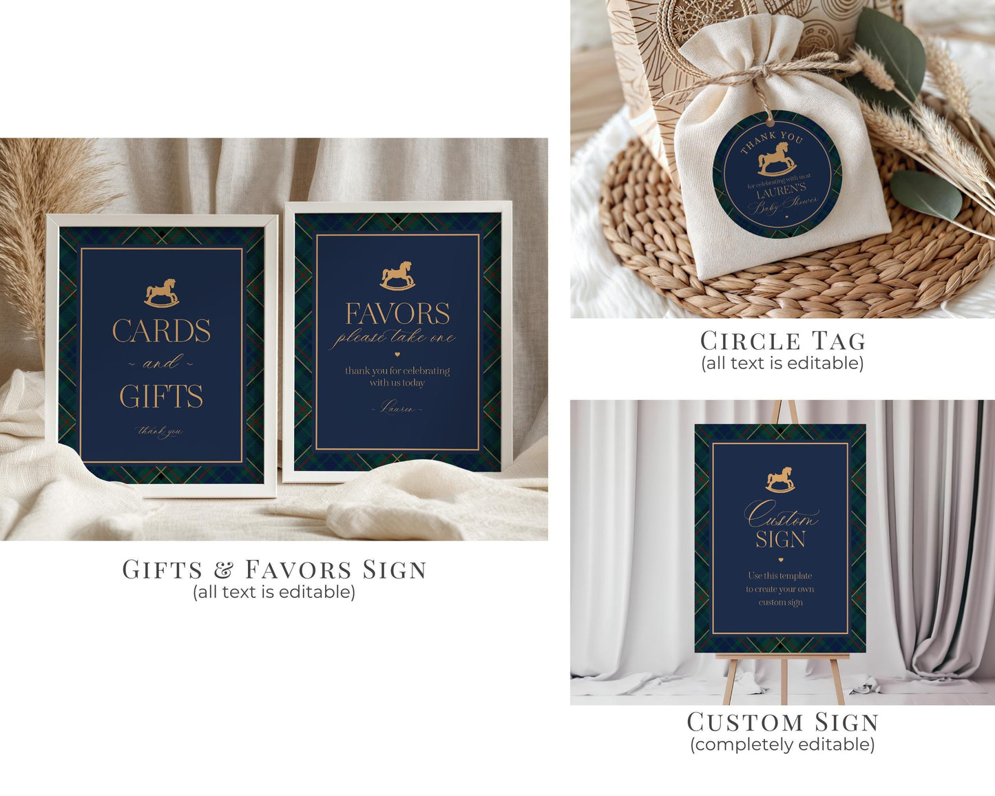 Classic Rocking Horse Baby Shower Bundle Printable Template, Blue Tartan Plaid Baby Sprinkle, Old Money Style Brunch with Mom to Be WP1087