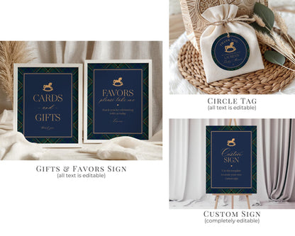 Classic Rocking Horse Baby Shower Bundle Printable Template, Blue Tartan Plaid Baby Sprinkle, Old Money Style Brunch with Mom to Be WP1087