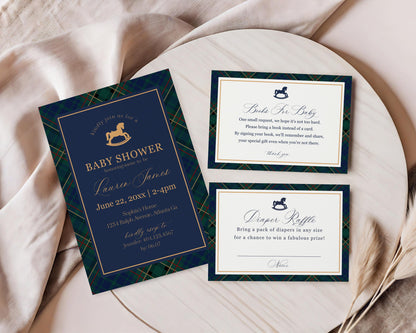 Classic Rocking Horse Baby Shower Bundle Printable Template, Blue Tartan Plaid Baby Sprinkle, Old Money Style Brunch with Mom to Be WP1087