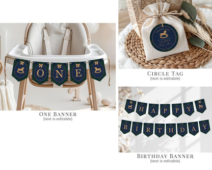 Classic Rocking Horse 1st Birthday Bundle Printable Template, Blue Tartan Plaid First Birthday Party, Old Money Style Bday Party WP1087