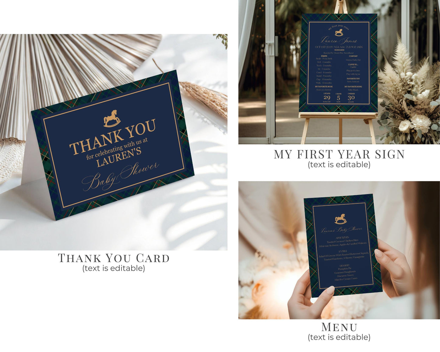 Classic Rocking Horse 1st Birthday Bundle Printable Template, Blue Tartan Plaid First Birthday Party, Old Money Style Bday Party WP1087