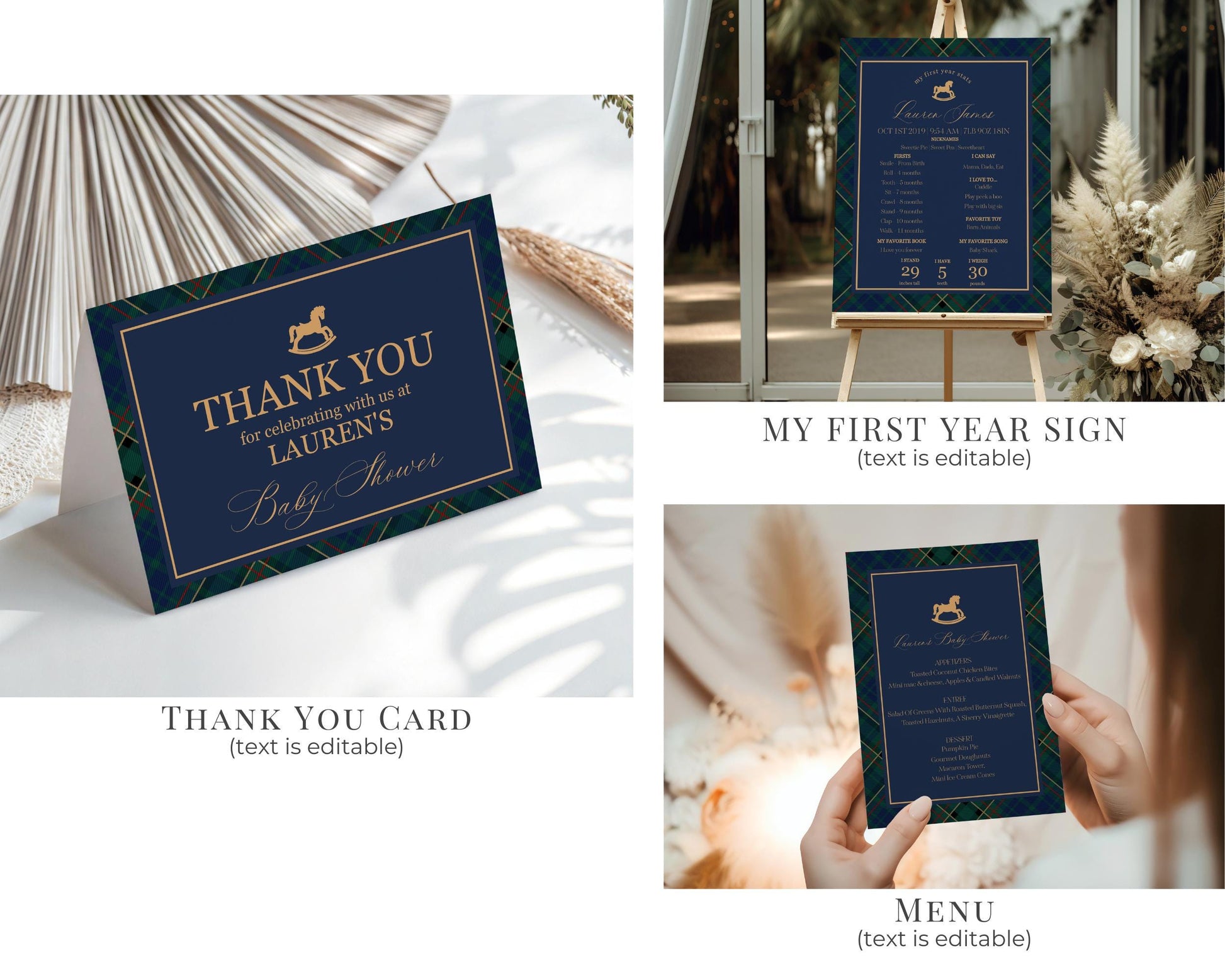 Classic Rocking Horse 1st Birthday Bundle Printable Template, Blue Tartan Plaid First Birthday Party, Old Money Style Bday Party WP1087