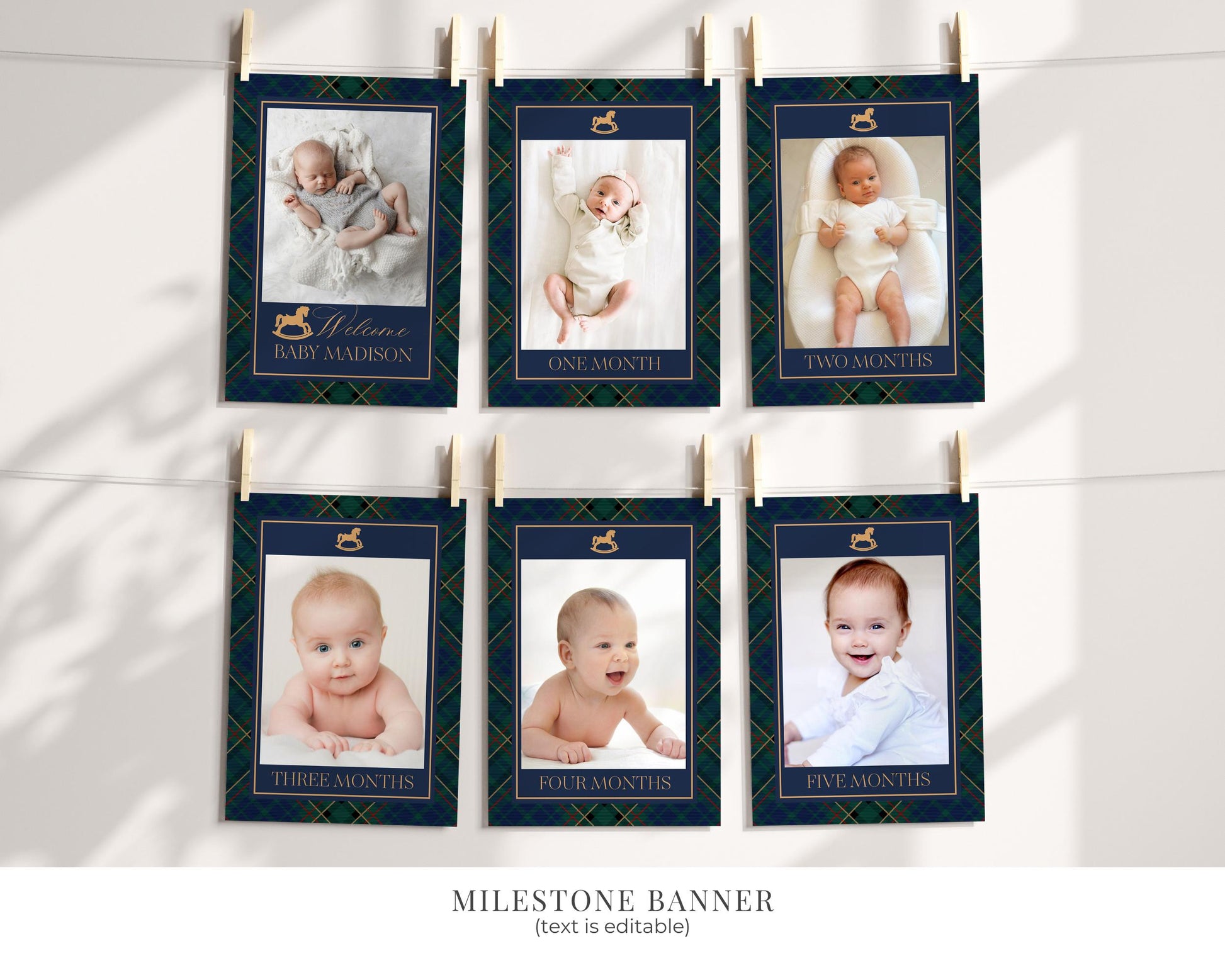 Classic Rocking Horse 1st Birthday Bundle Printable Template, Blue Tartan Plaid First Birthday Party, Old Money Style Bday Party WP1087