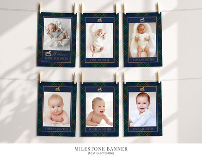 Classic Rocking Horse 1st Birthday Bundle Printable Template, Blue Tartan Plaid First Birthday Party, Old Money Style Bday Party WP1087