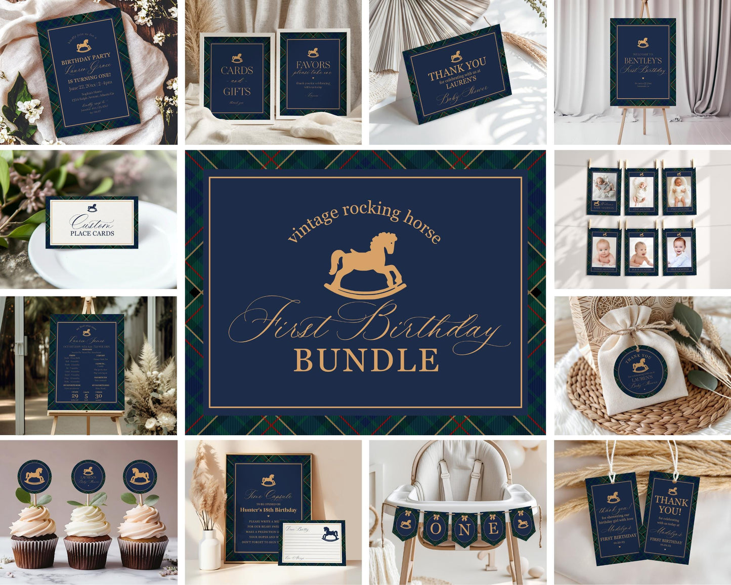 Classic Rocking Horse 1st Birthday Bundle Printable Template, Blue Tartan Plaid First Birthday Party, Old Money Style Bday Party WP1087