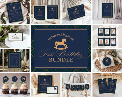 Classic Rocking Horse 1st Birthday Bundle Printable Template, Blue Tartan Plaid First Birthday Party, Old Money Style Bday Party WP1087