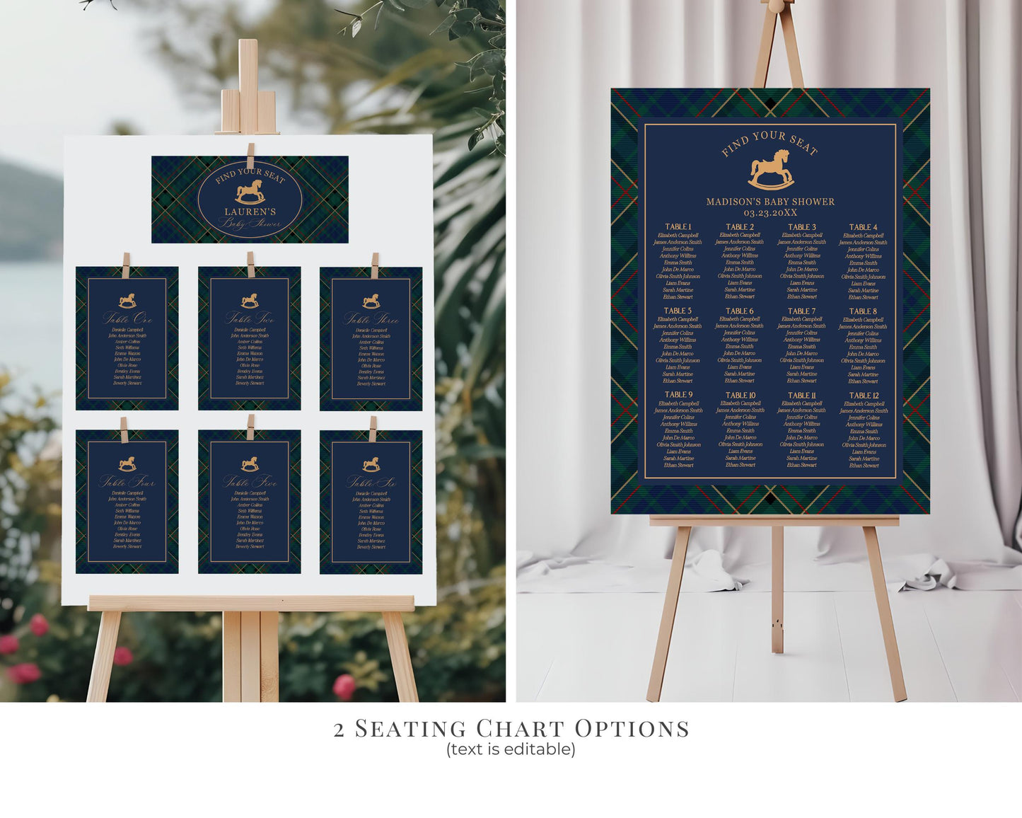 Classic Rocking Horse 1st Birthday Bundle Printable Template, Blue Tartan Plaid First Birthday Party, Old Money Style Bday Party WP1087
