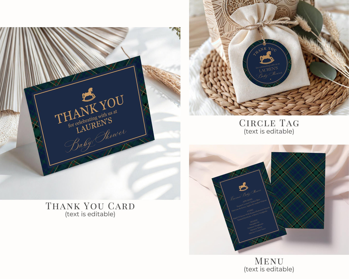 Classic Rocking Horse Birthday Bundle Printable Template, Blue Tartan Plaid Kids Birthday Party, Old Money Timeless Bday Celebration WP1087