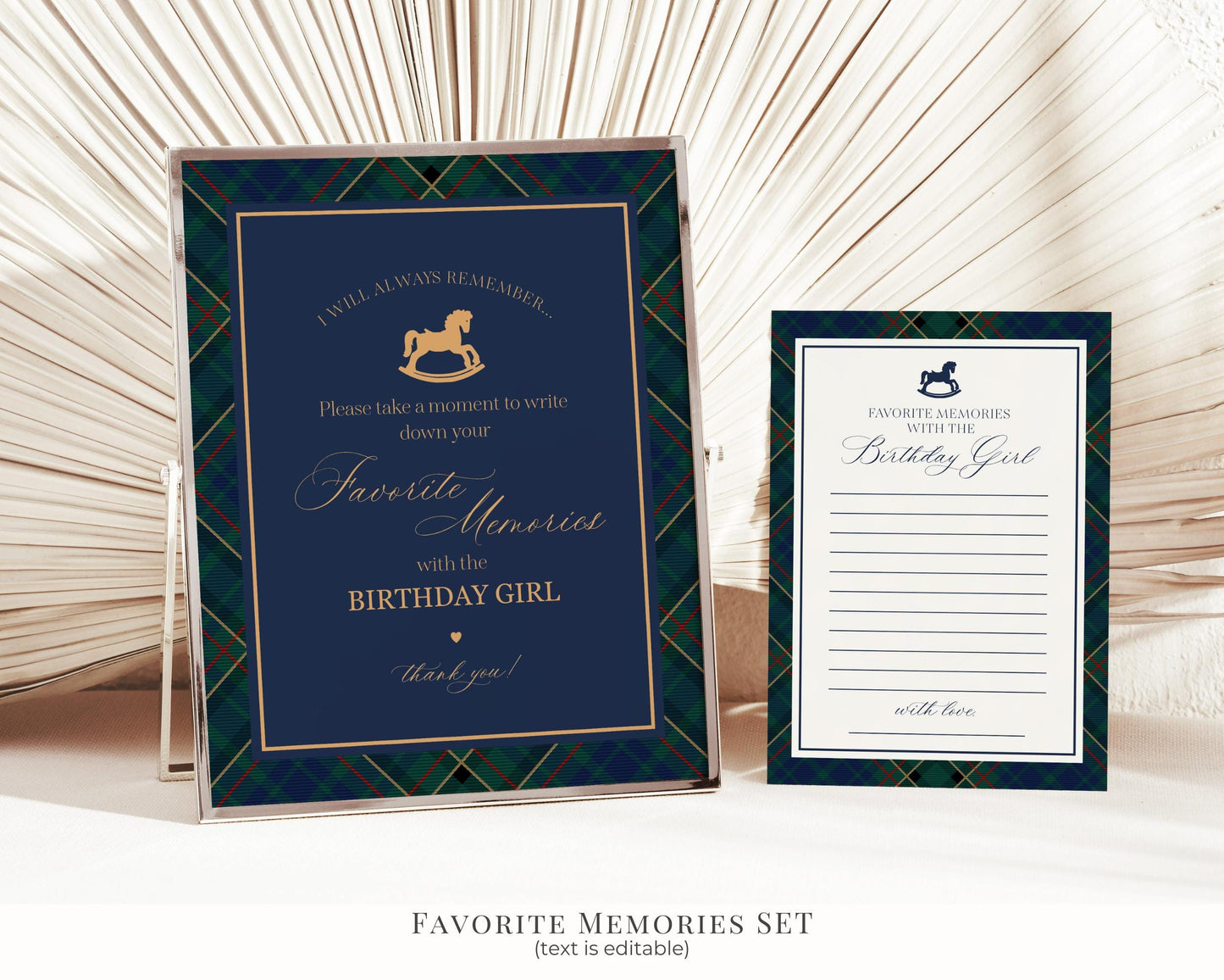 Classic Rocking Horse Birthday Bundle Printable Template, Blue Tartan Plaid Kids Birthday Party, Old Money Timeless Bday Celebration WP1087