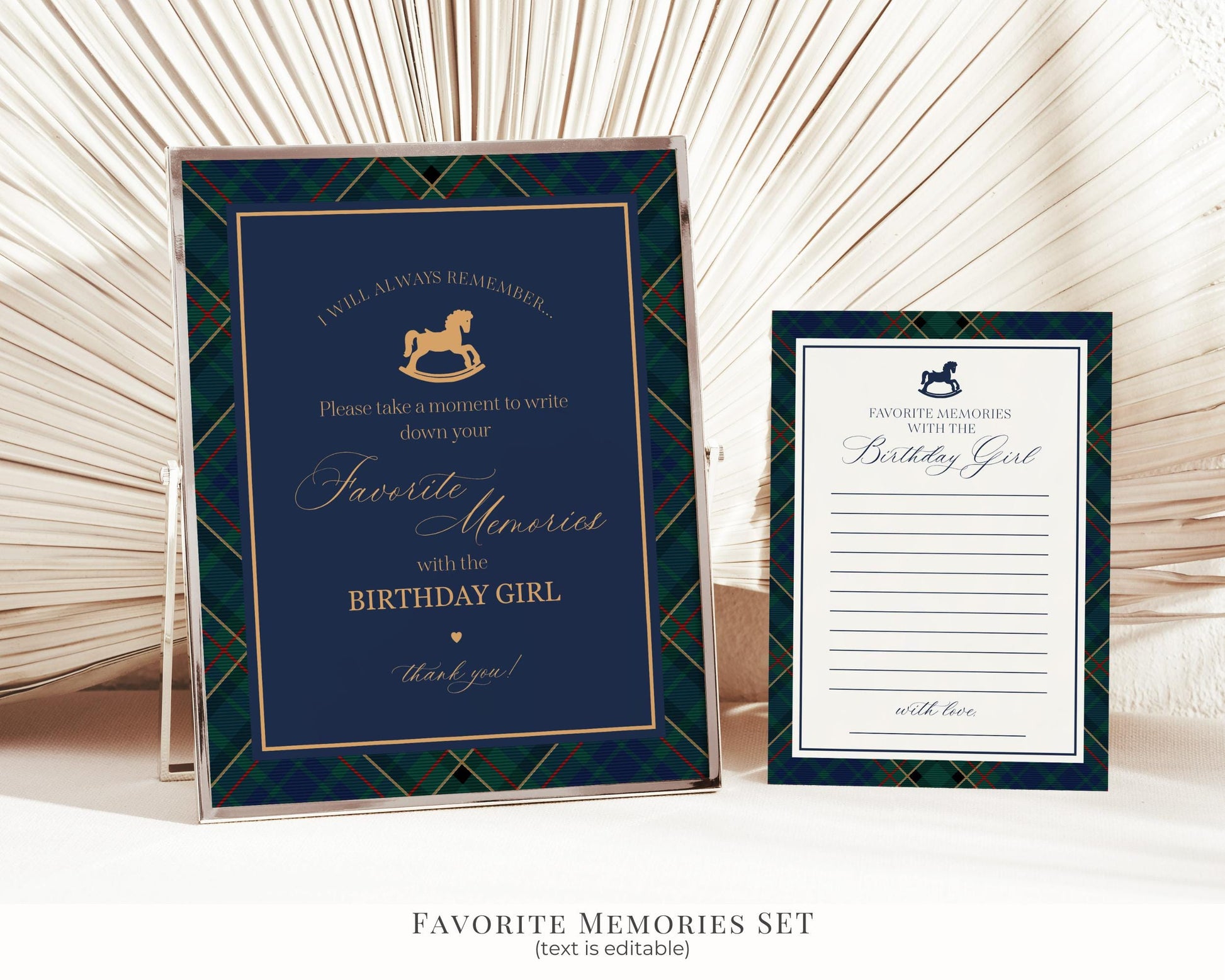 Classic Rocking Horse Birthday Bundle Printable Template, Blue Tartan Plaid Kids Birthday Party, Old Money Timeless Bday Celebration WP1087
