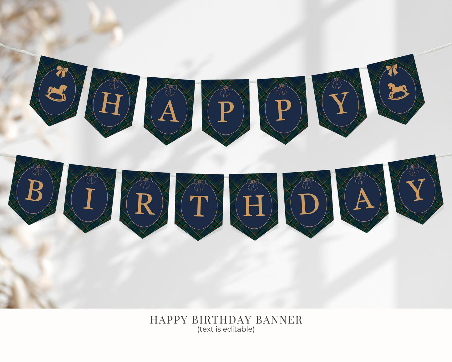 Classic Rocking Horse Birthday Bundle Printable Template, Blue Tartan Plaid Kids Birthday Party, Old Money Timeless Bday Celebration WP1087