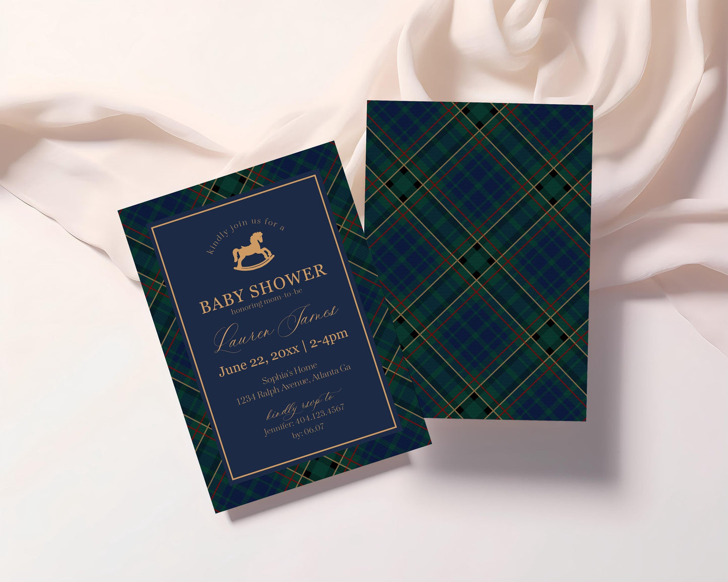 Classic Rocking Horse Baby Shower Invitation Printable Template, Blue Tartan Plaid Baby Sprinkle, Old Money Style Brunch with Mom WP1087