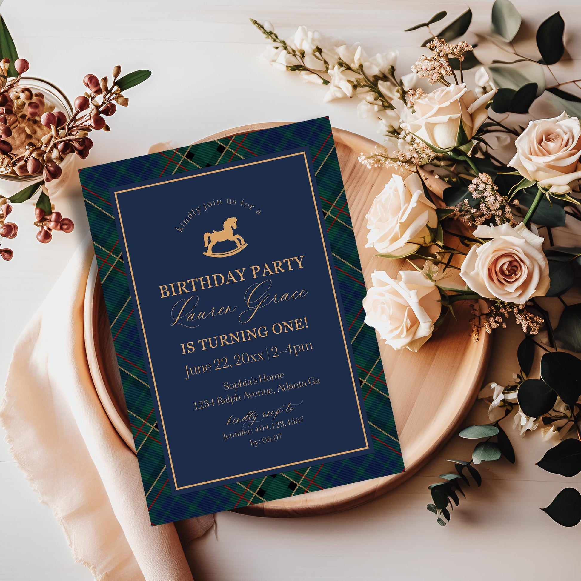 Classic Rocking Horse Birthday Invite Printable Template, Blue Tartan Plaid First Birthday Party, Old Money Timeless Bday Celebration WP1087