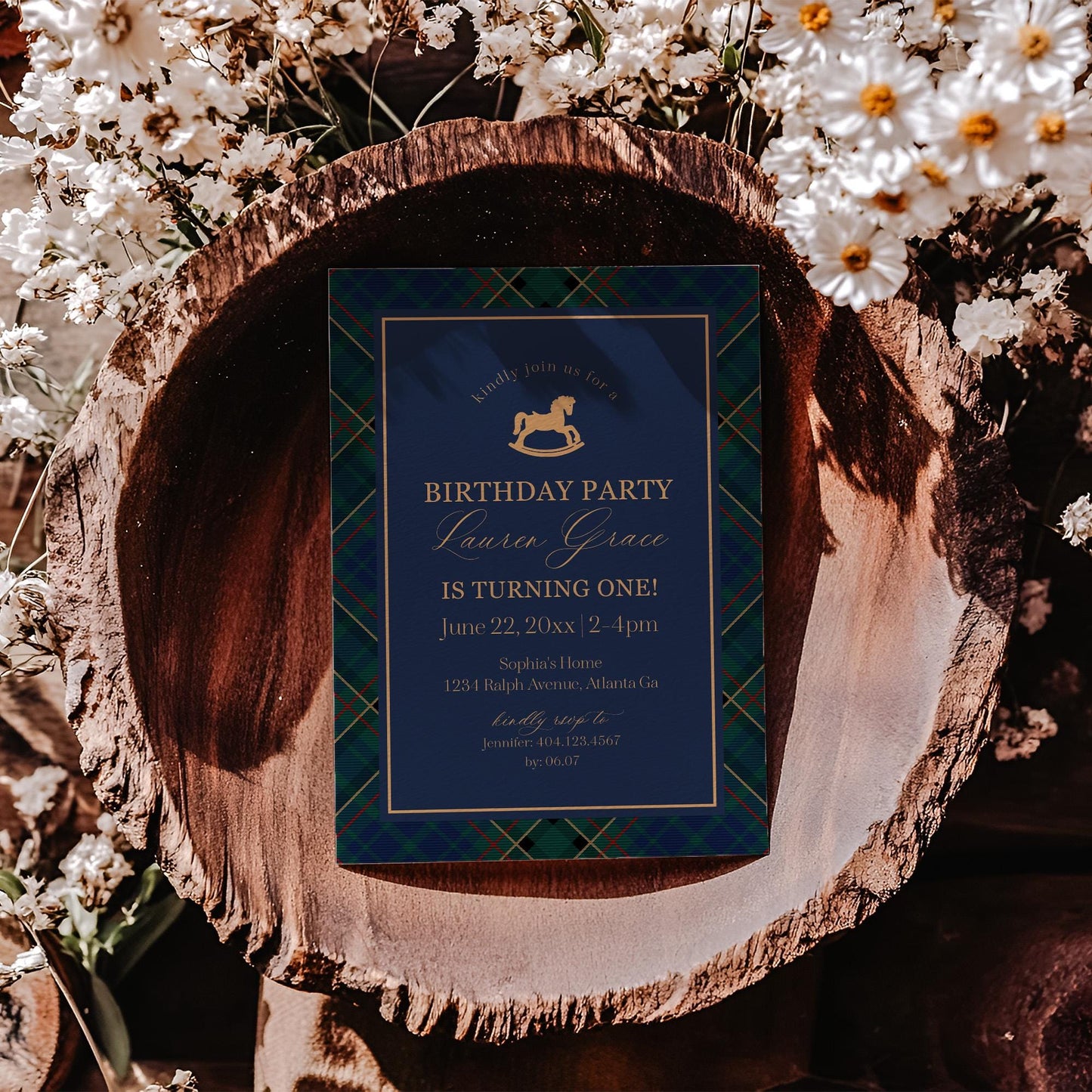 Classic Rocking Horse Birthday Invite Printable Template, Blue Tartan Plaid First Birthday Party, Old Money Timeless Bday Celebration WP1087