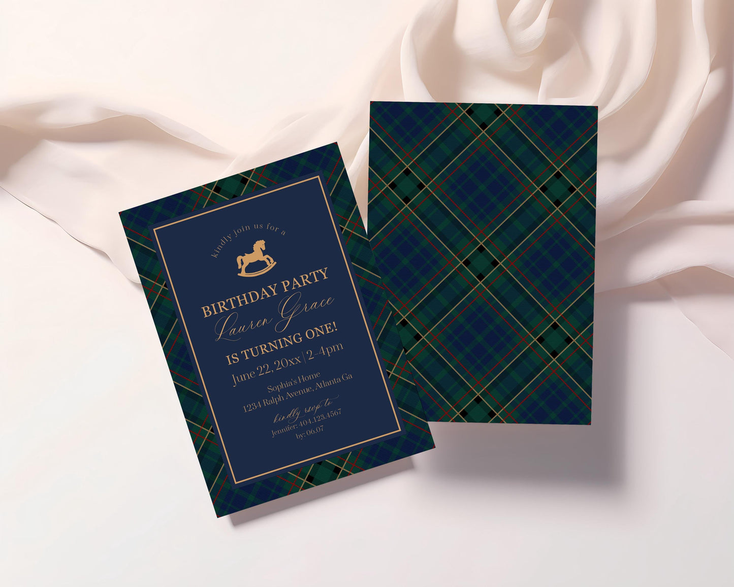 Classic Rocking Horse Birthday Invite Printable Template, Blue Tartan Plaid First Birthday Party, Old Money Timeless Bday Celebration WP1087