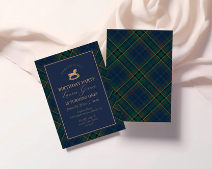 Classic Rocking Horse Birthday Invite Printable Template, Blue Tartan Plaid First Birthday Party, Old Money Timeless Bday Celebration WP1087
