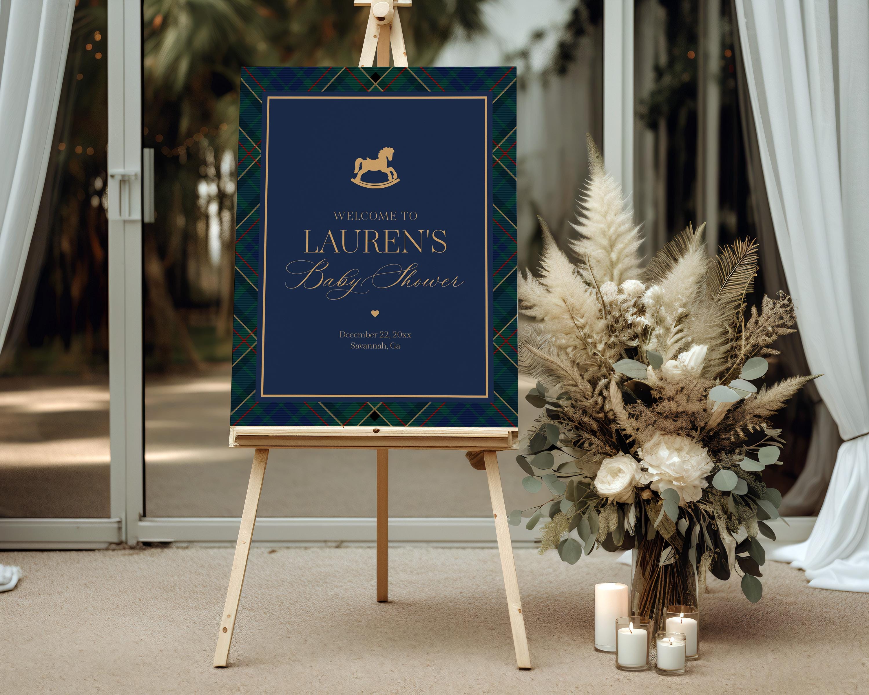 Classic Rocking Horse Baby Shower Welcome Sign Template, Blue Tartan Plaid Baby Sprinkle, Old Money Style Brunch with Mom to Be WP1087