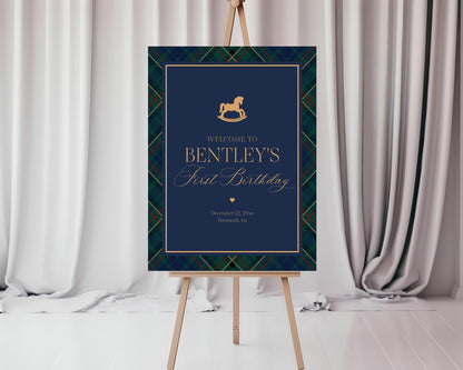 Classic Rocking Horse Birthday Party Welcome Sign Template, Blue Tartan Plaid First Birthday Party, Old Money Timeless Bday Party WP1087