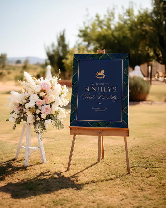 Classic Rocking Horse Birthday Party Welcome Sign Template, Blue Tartan Plaid First Birthday Party, Old Money Timeless Bday Party WP1087