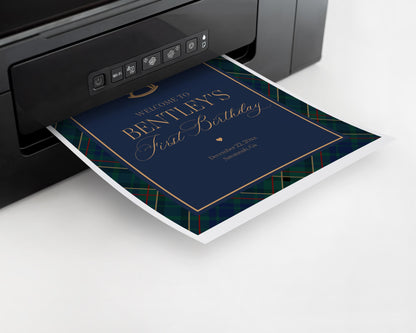 Classic Rocking Horse Birthday Party Welcome Sign Template, Blue Tartan Plaid First Birthday Party, Old Money Timeless Bday Party WP1087