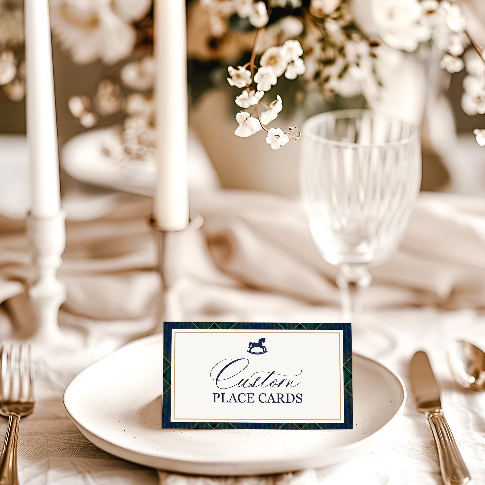 Classic Rocking Horse Place Cards Template, Blue Tartan Plaid Baby Shower, Old Money Timeless First Birthday Party WP1087