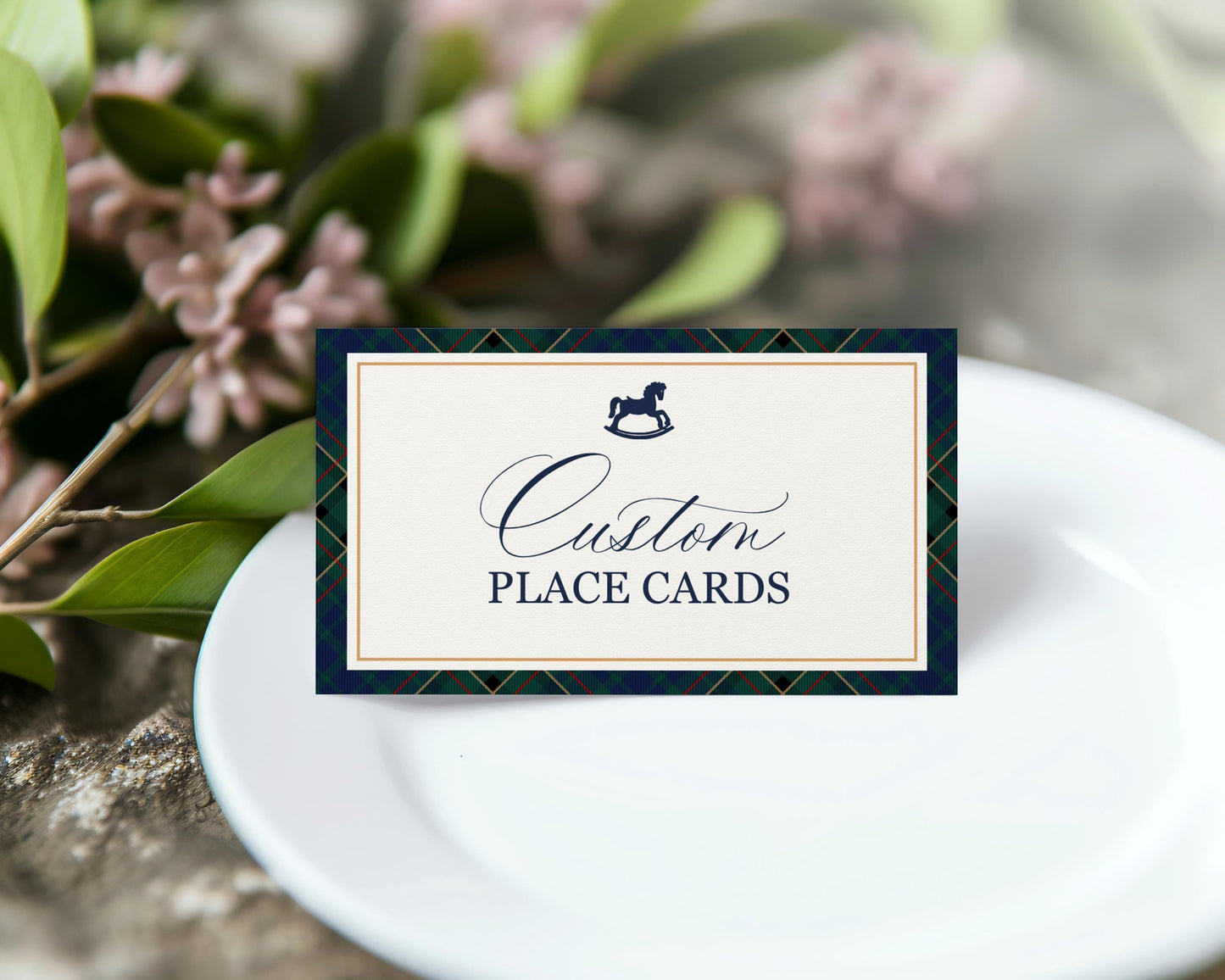 Classic Rocking Horse Place Cards Template, Blue Tartan Plaid Baby Shower, Old Money Timeless First Birthday Party WP1087