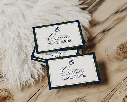 Classic Rocking Horse Place Cards Template, Blue Tartan Plaid Baby Shower, Old Money Timeless First Birthday Party WP1087