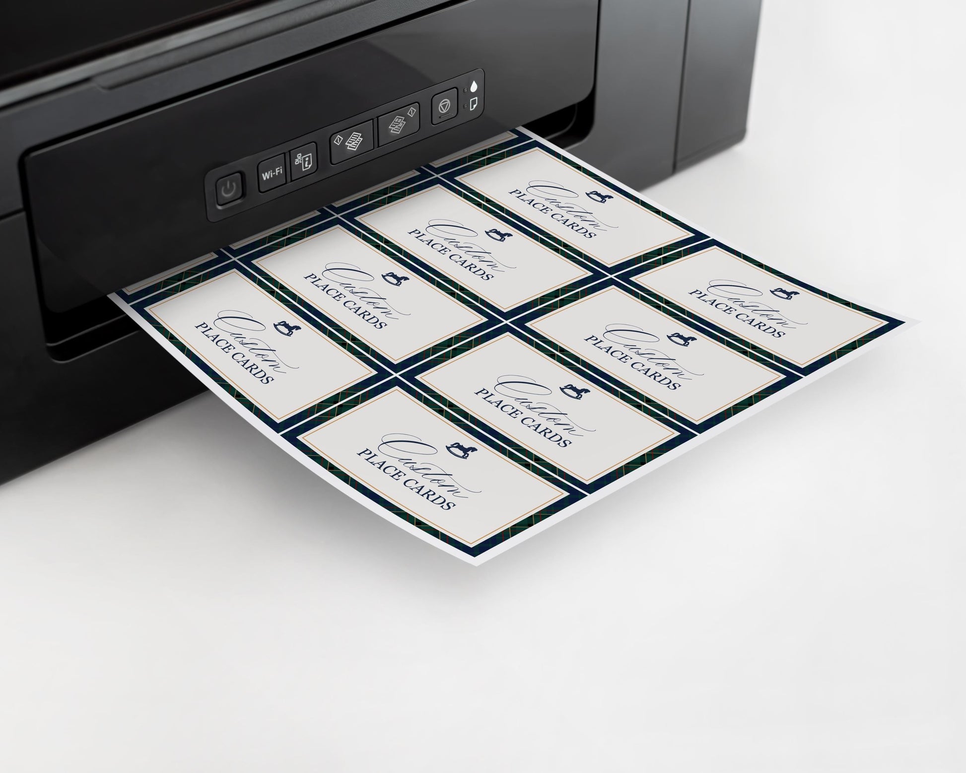 Classic Rocking Horse Place Cards Template, Blue Tartan Plaid Baby Shower, Old Money Timeless First Birthday Party WP1087