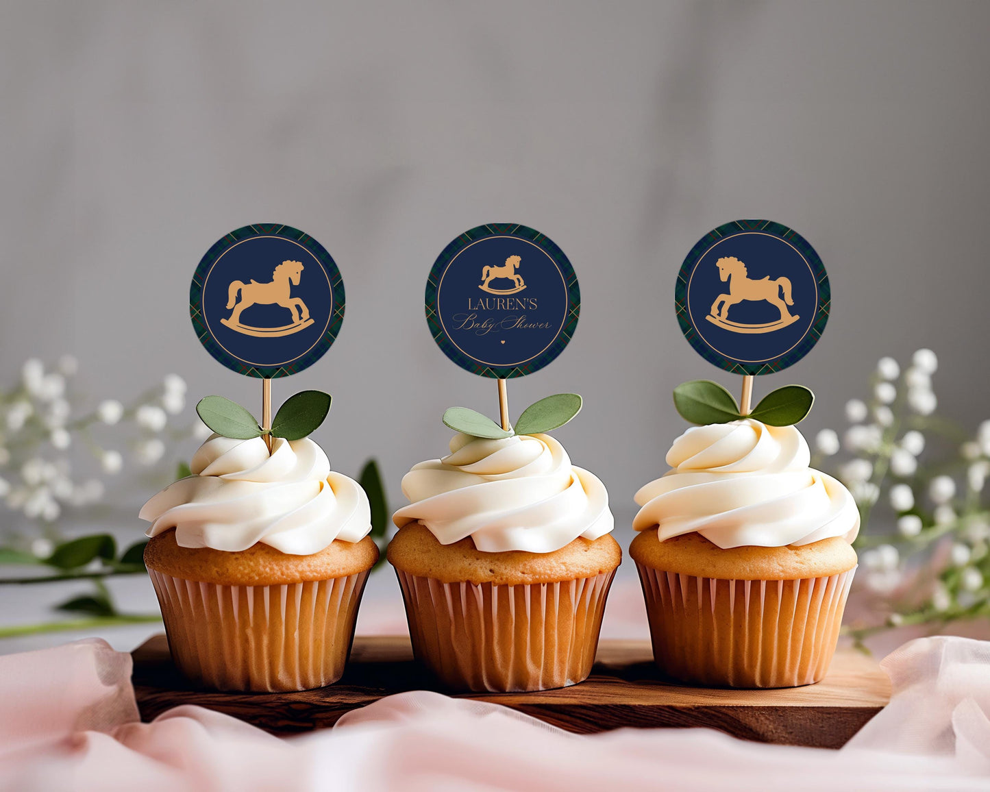 Classic Rocking Horse Cupcake Toppers Template, Blue Tartan Plaid Baby Shower, Old Money Timeless First Birthday Party WP1087
