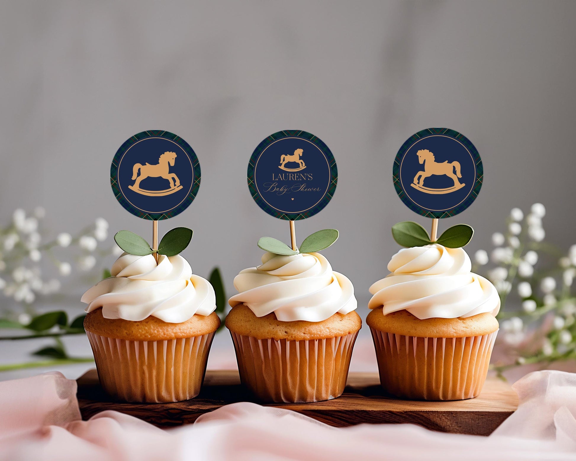 Classic Rocking Horse Cupcake Toppers Template, Blue Tartan Plaid Baby Shower, Old Money Timeless First Birthday Party WP1087