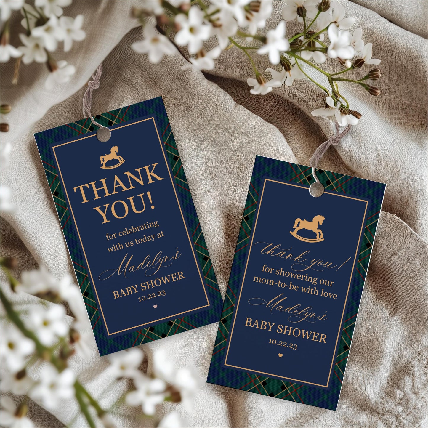 Classic Rocking Horse Baby Shower Favor Tags Template, Blue Tartan Plaid Baby Sprinkle, Old Money Style Brunch with Mom to Be WP1087