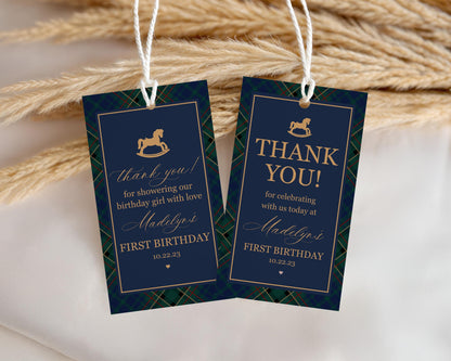 Classic Rocking Horse Birthday Party Favor Tags Template, Blue Tartan Plaid First Birthday Party, Old Money Timeless Bday Celebration WP1087