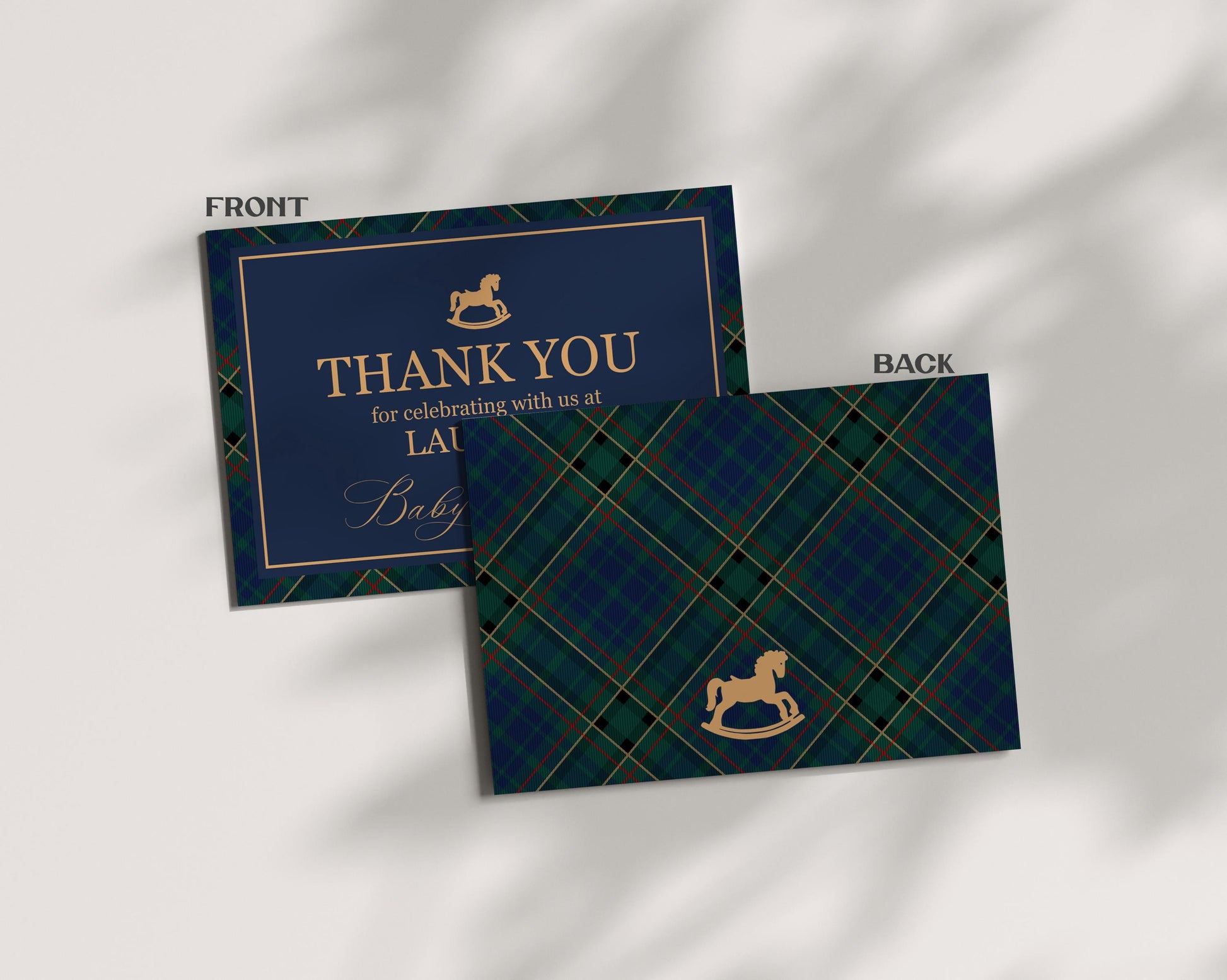 Classic Rocking Horse Thank You Card Template, Blue Tartan Plaid Baby Shower, Old Money Timeless First Birthday Party WP1087