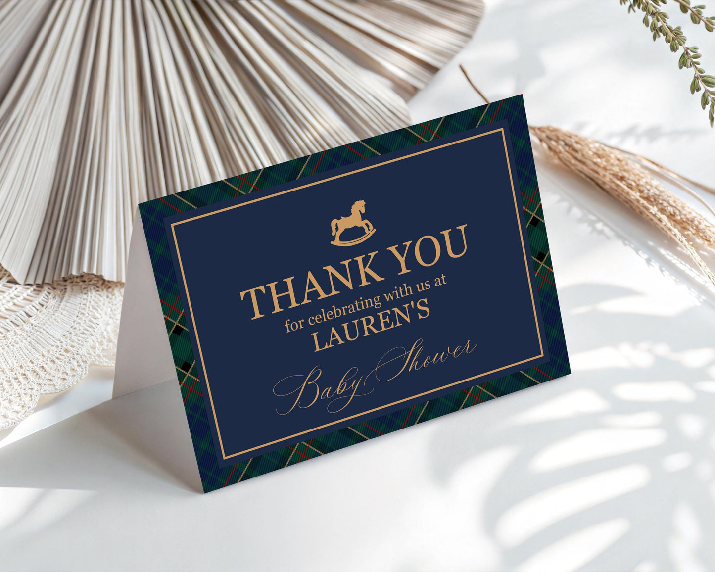 Classic Rocking Horse Thank You Card Template, Blue Tartan Plaid Baby Shower, Old Money Timeless First Birthday Party WP1087