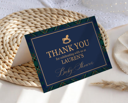 Classic Rocking Horse Thank You Card Template, Blue Tartan Plaid Baby Shower, Old Money Timeless First Birthday Party WP1087