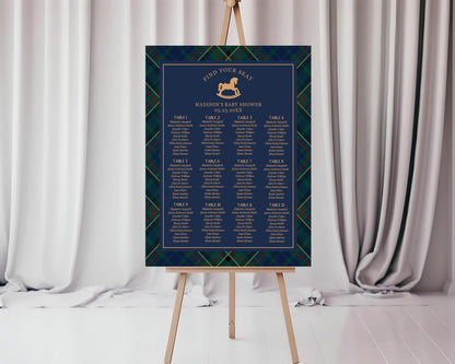 Classic Rocking Horse Seating Chart Cards Template, Blue Tartan Plaid Baby Shower, Old Money Timeless First Birthday Party WP1087