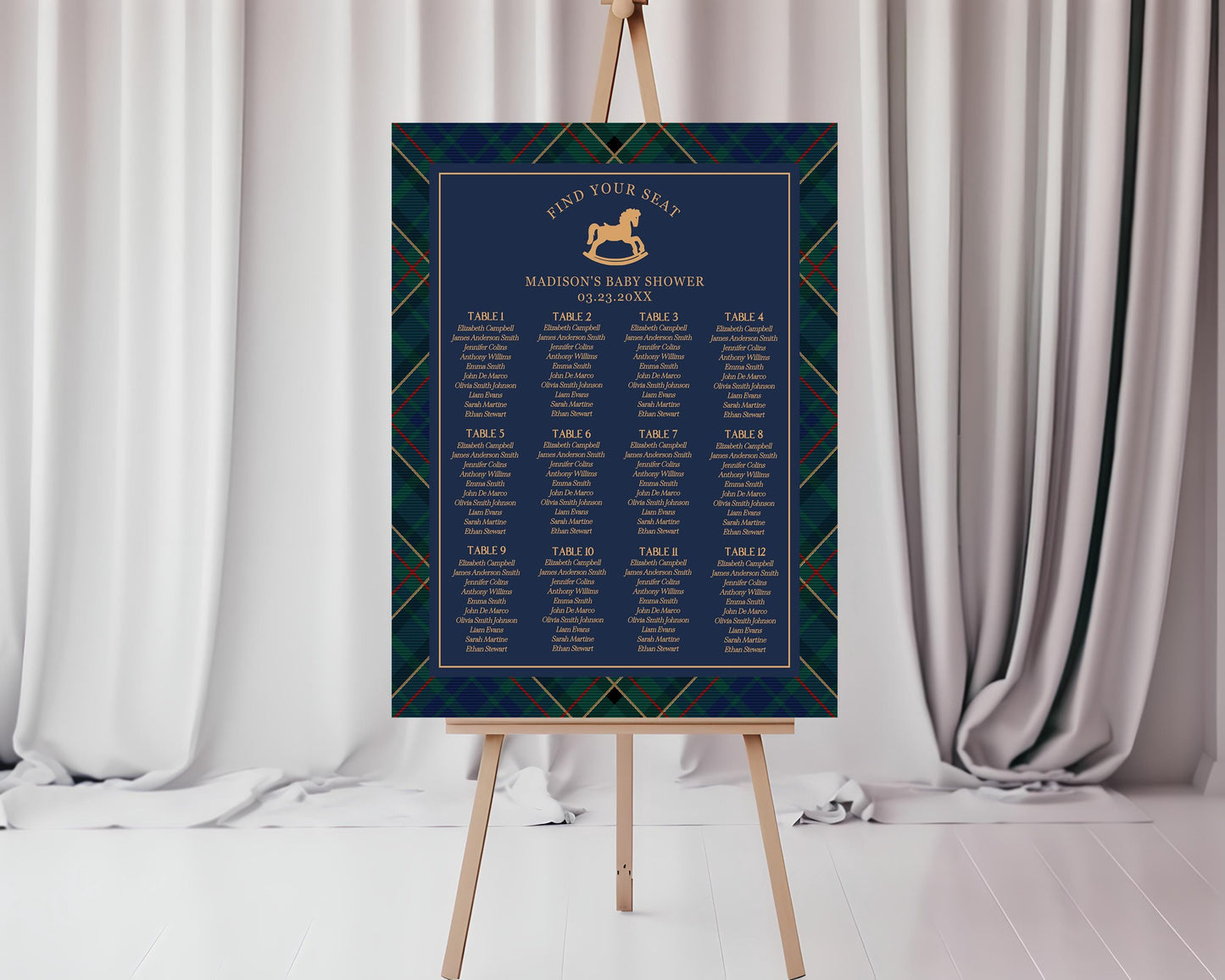 Classic Rocking Horse Seating Chart Poster Template, Blue Tartan Plaid Baby Shower, Old Money Timeless First Birthday Party WP1087