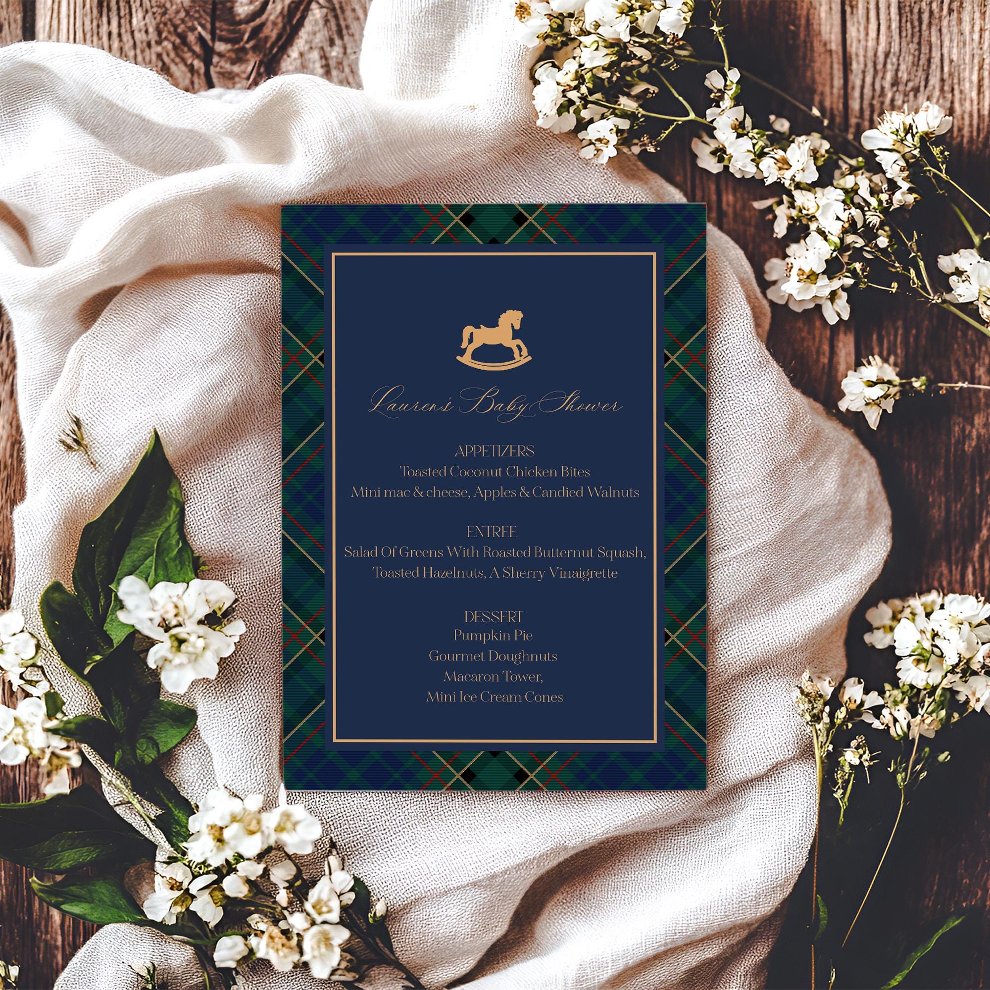 Classic Rocking Horse Menu Template, Blue Tartan Plaid Baby Shower, Old Money Timeless First Birthday Party WP1087