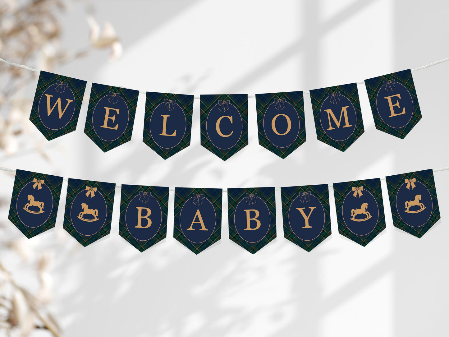 Classic Rocking Horse Baby Shower Banner Template, Blue Tartan Plaid Baby Sprinkle, Old Money Style Brunch with Mom to Be WP1087