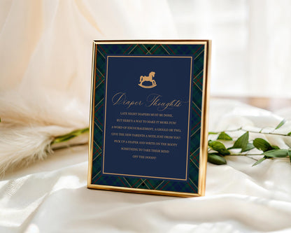 Classic Rocking Horse Baby Shower Diaper Thoughts Sign Template, Blue Tartan Plaid Baby Sprinkle, Old Money Style Brunch WP1087