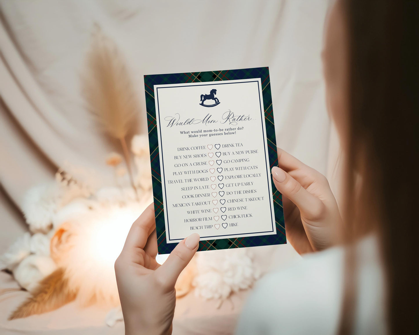 Classic Rocking Horse Baby Shower Games Template, Blue Tartan Plaid Baby Sprinkle, Old Money Style Brunch with Mom to Be WP1087