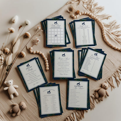 Classic Rocking Horse Baby Shower Games Template, Blue Tartan Plaid Baby Sprinkle, Old Money Style Brunch with Mom to Be WP1087