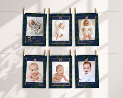 Classic Rocking Horse 1st Birthday Milestone Banner Template, Blue Tartan Plaid First Birthday Party, Old Money Timeless Bday Party WP1087