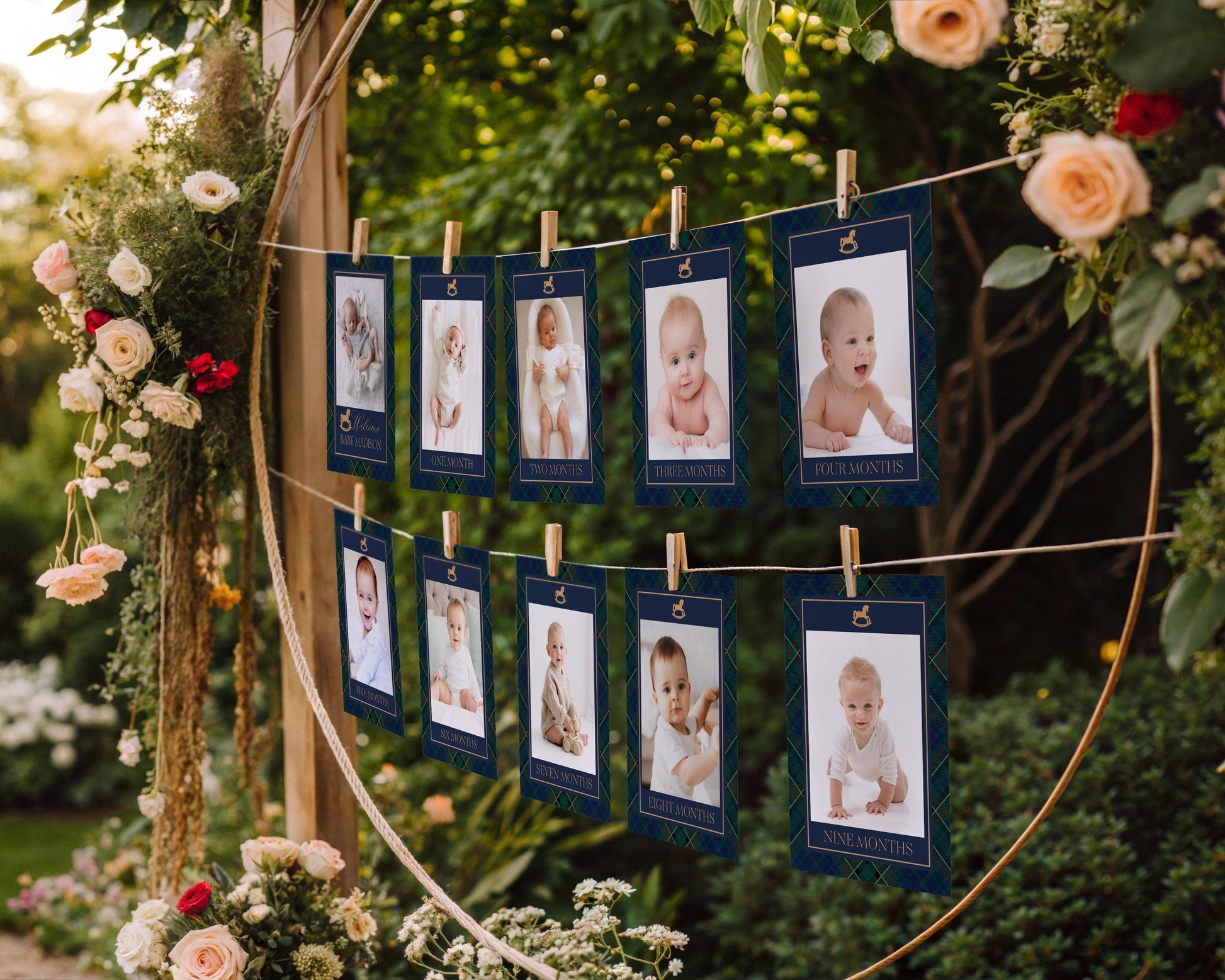 Classic Rocking Horse 1st Birthday Milestone Banner Template, Blue Tartan Plaid First Birthday Party, Old Money Timeless Bday Party WP1087