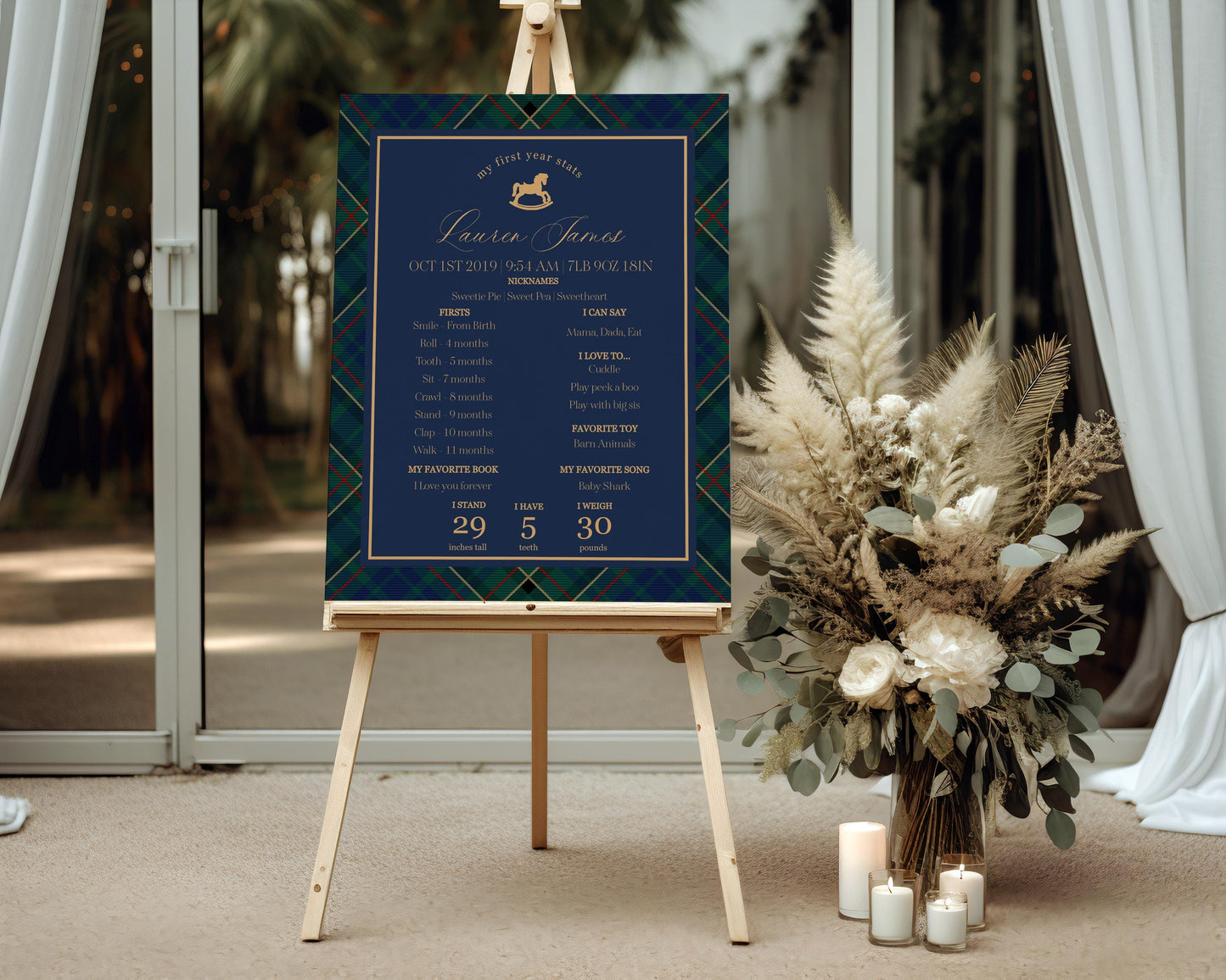 Classic Rocking Horse First Year Milestone Sign Printable Template, Blue Tartan Plaid First Birthday Party, Old Money Timeless Bday WP1087