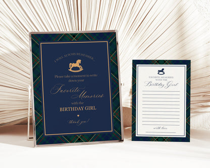 Classic Rocking Horse Favorite Memories Birthday Girl Template, Blue Tartan Plaid Kids Birthday Party, Old Money Style Bday Party WP1087