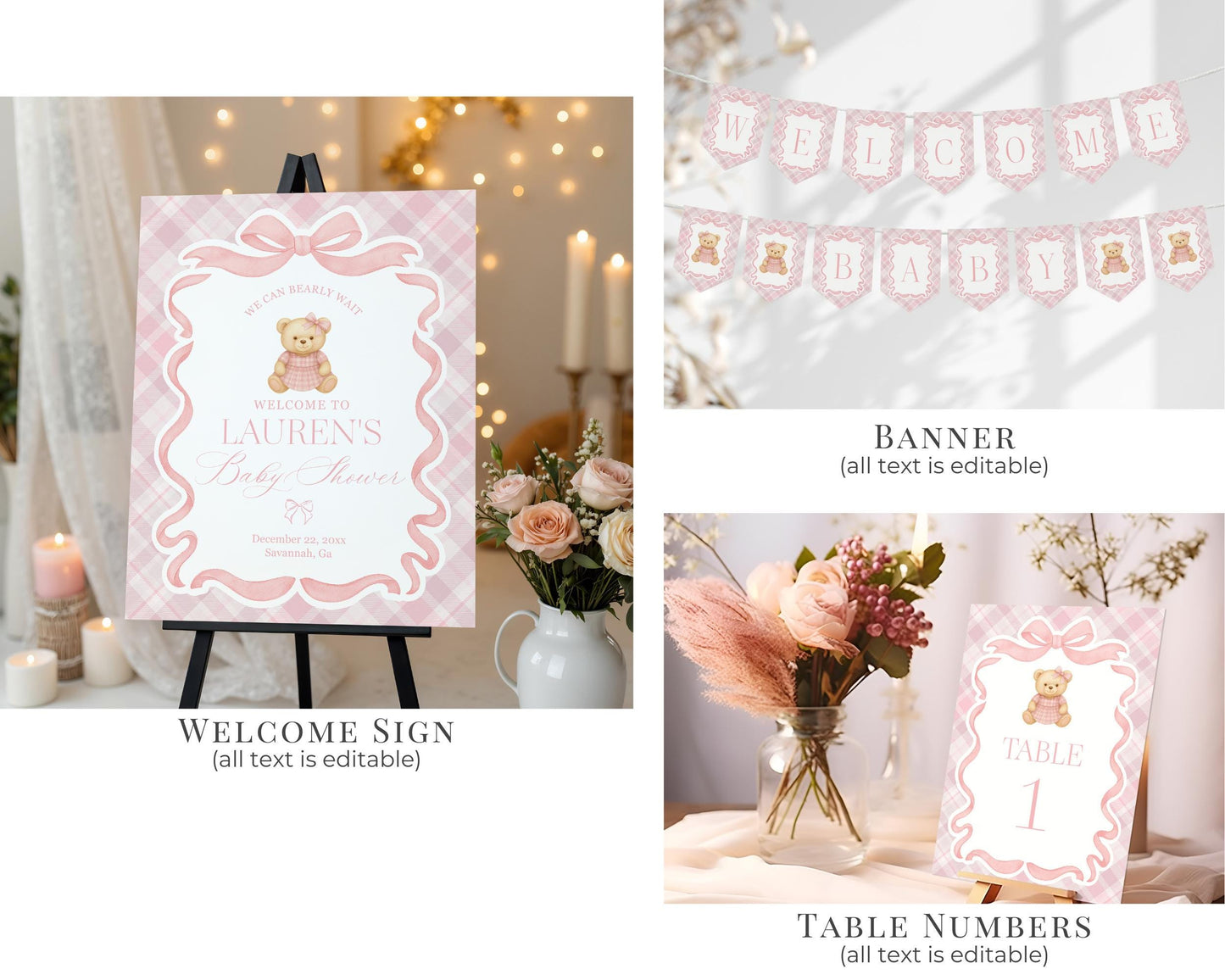 Pink Tartan Plaid Bear Girl Baby Shower Bundle Template, We Can Bearly Wait Old Money Baby Sprinkle, Coquette Bow Nesting Party WP1090