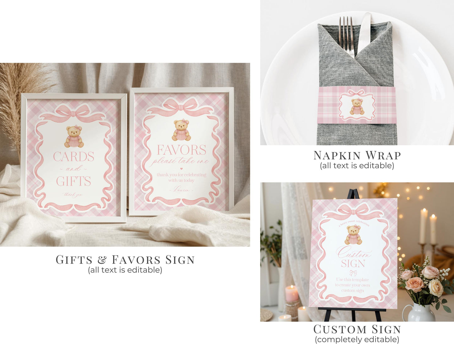 Pink Tartan Plaid Bear Girl Baby Shower Bundle Template, We Can Bearly Wait Old Money Baby Sprinkle, Coquette Bow Nesting Party WP1090