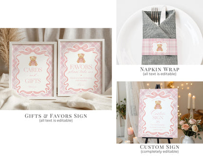 Pink Tartan Plaid Bear Girl Baby Shower Bundle Template, We Can Bearly Wait Old Money Baby Sprinkle, Coquette Bow Nesting Party WP1090
